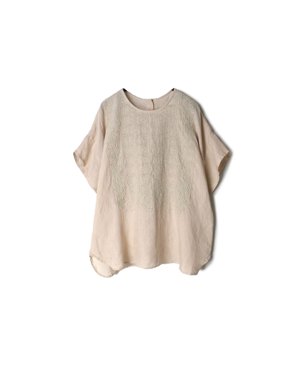 NMDS20022 (シャツ) 80'S POWER LOOM LINEN WITH EMB BACK OPENING CREW-NECK S/SL EMB SHIRT