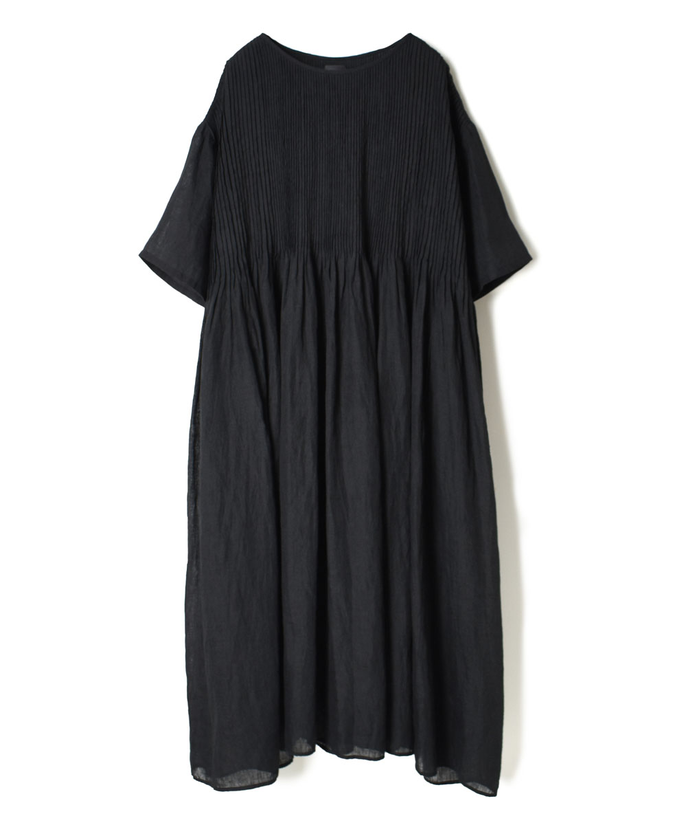 NMDS22123 (ワンピース) 80’S POWER LOOM LINEN PLAIN BOAT-NECK S/SL DRESS WITH PINTUCK