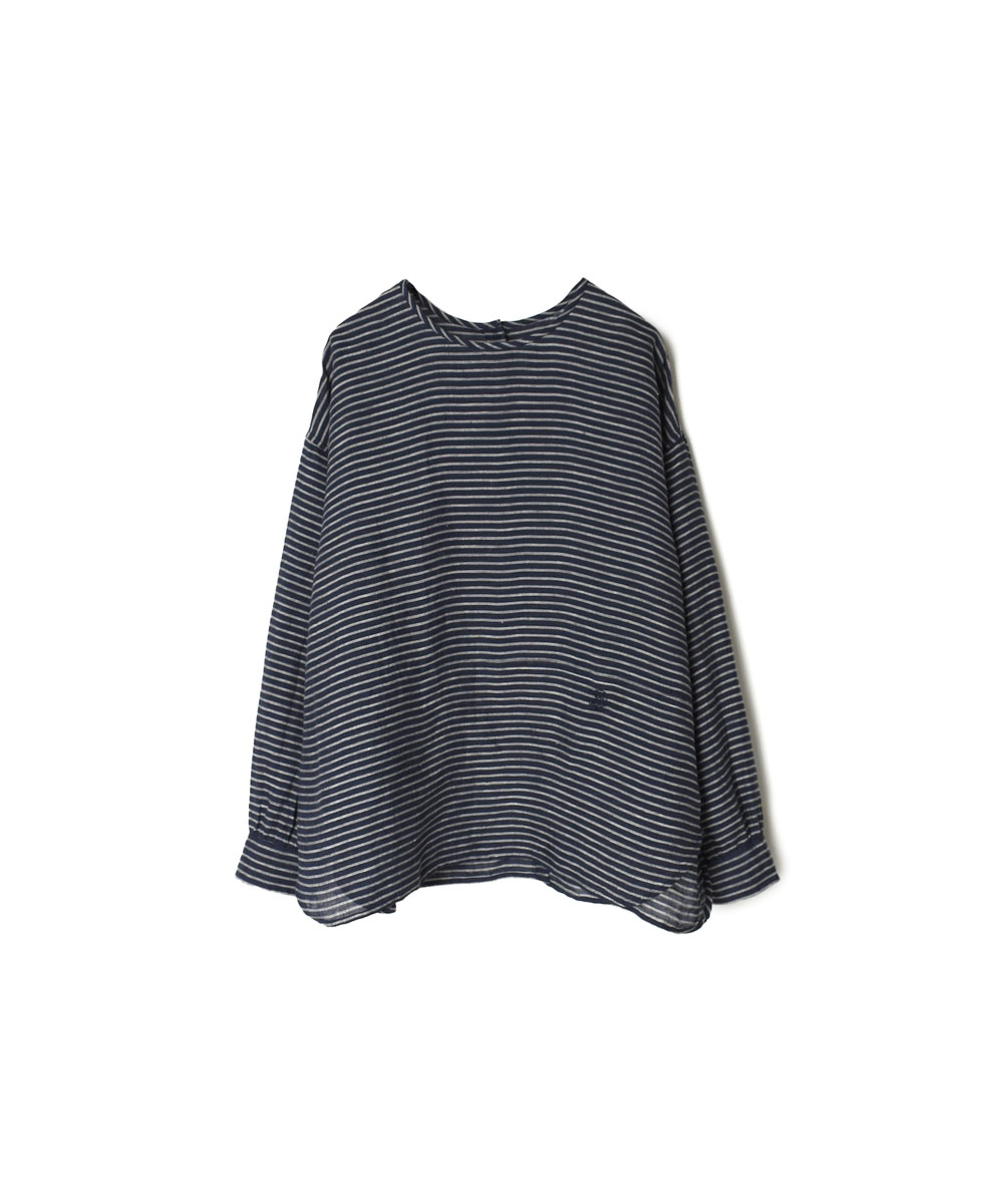 NMDS22141 80’S POWER LOOM LINEN STRIPE BACK OPENING CREW-NECK SHIRT