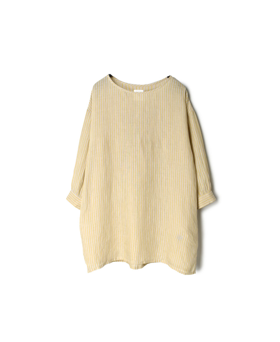 NMDS22142 80’S POWER LOOM LINEN STRIPE CREW-NECK BACK MINI PINTUCK SHIRT