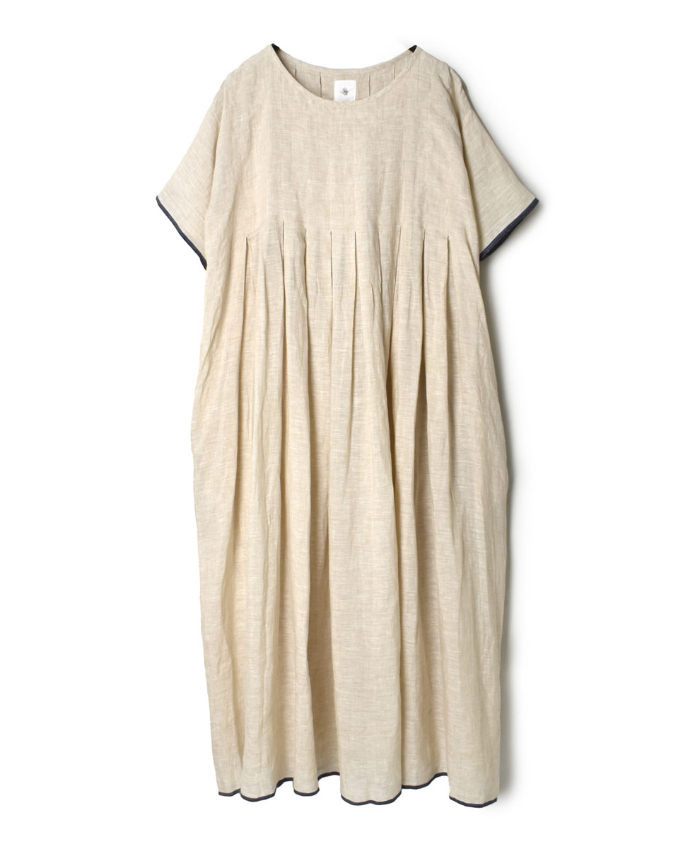INMDS22003 (ワンピース) 80’S HANDWOVEN LINEN PLAIN WITH SELVAGE INVERTED PLEAT S/SL PULLOVER DRESS