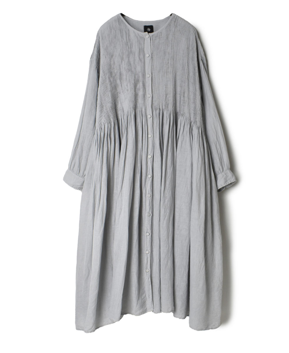 INMDS22014D (ワンピース) HANDWOVEN KHADI COTTON/LINEN PLAIN CREW-NECK DRESS WITH MINI PINTUCK