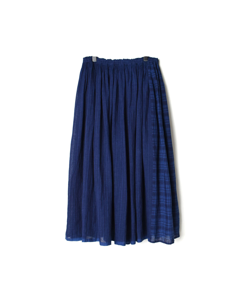 INMDS22054 (スカート) INDIGO LINEN PATCHWORK (STRIPE&CHECK) RAJASTHAN TUCK GATHERED SKIRT