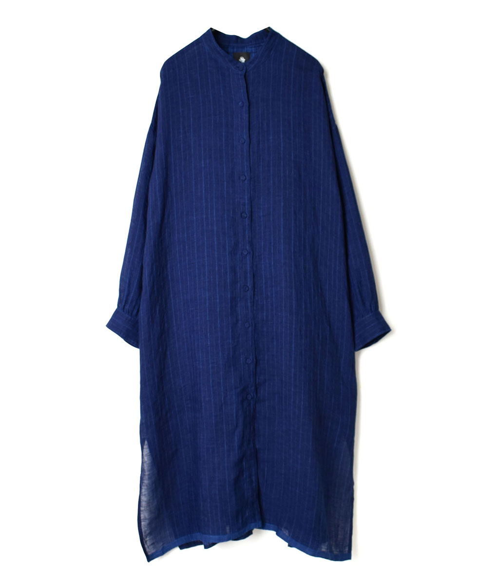 INMDS22053 (マキシシャツ) INDIGO LINEN PATCHWORK (STRIPE&CHECK) BANDED COLLAR BACK PLEATS MAXI SHIRT