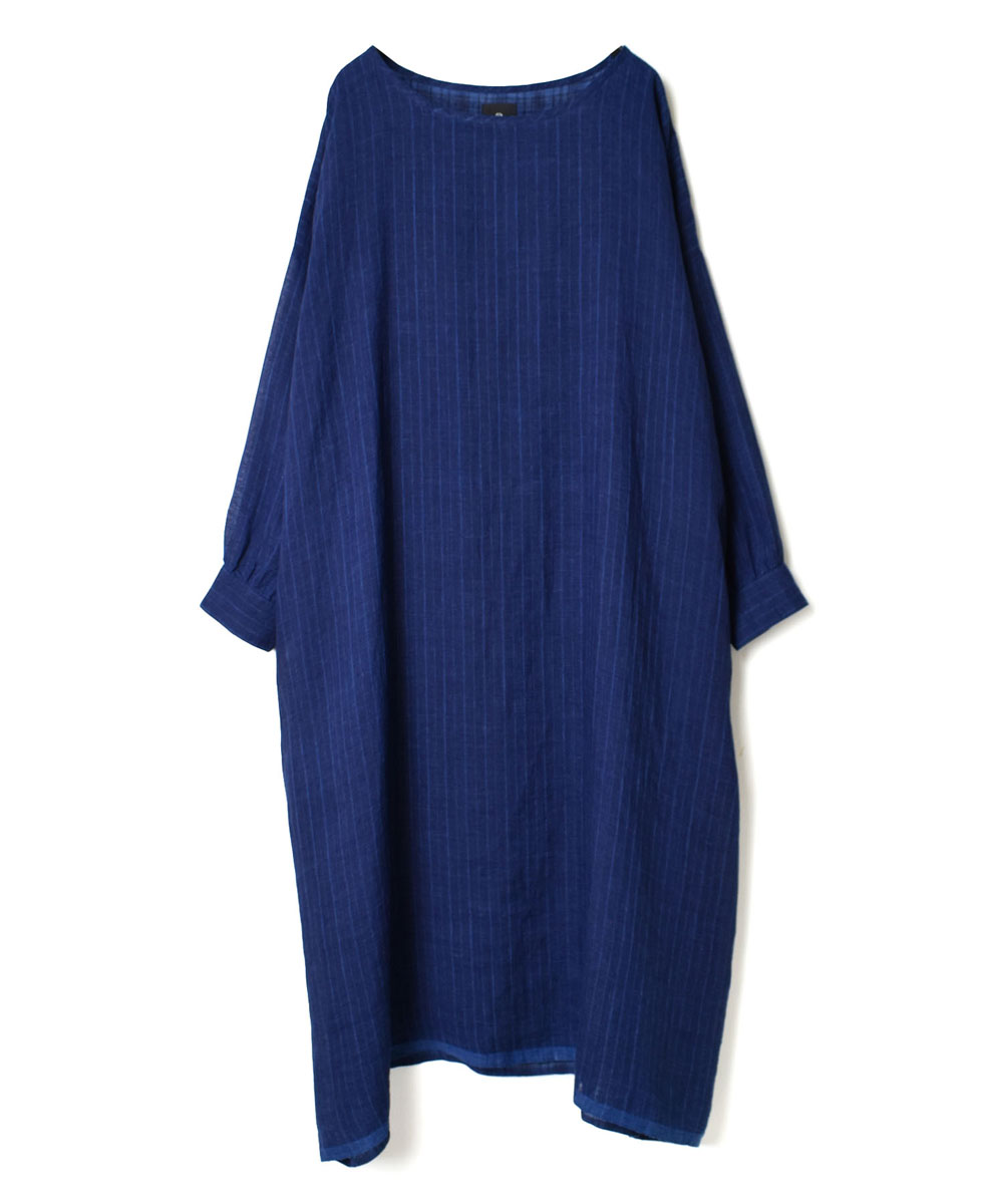 INMDS22052 (ワンピース) INDIGO LINEN PATCHWORK (STRIPE&CHECK) DROP SHOULDER DRESS