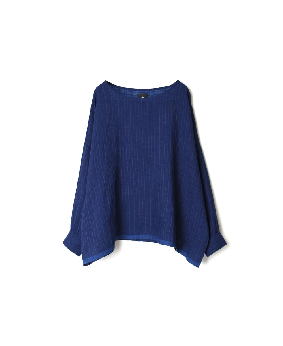 INMDS22051 (ブラウス) INDIGO LINEN PATCHWORK (STRIPE&CHECK) DROP SHOULDER SMOCK