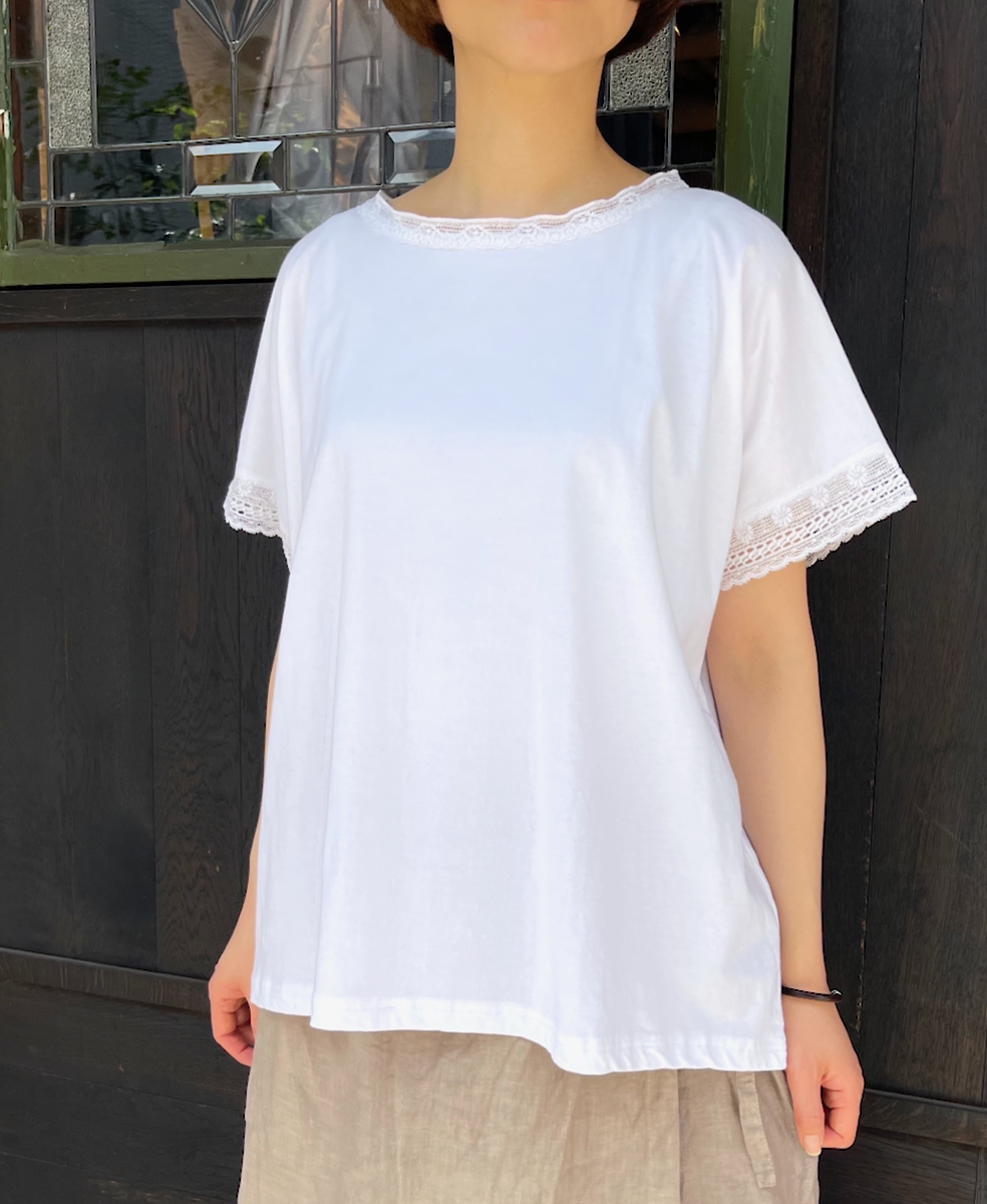 NSL22101 (Tシャツ) COTTON JERSEY WITH LACE FRENCH/SL OVERSIZED T-SHIRT