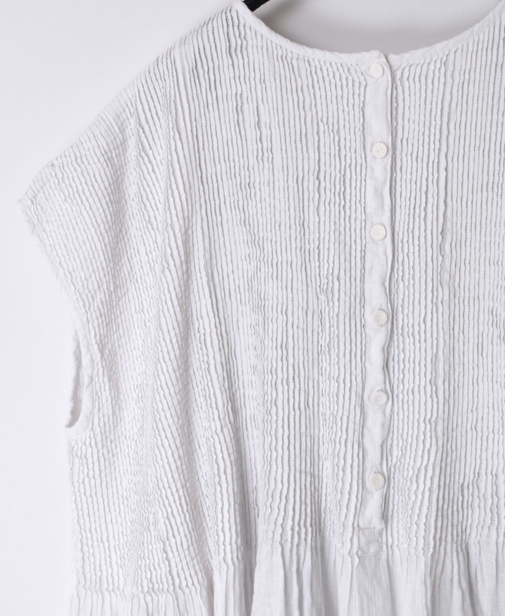NMDS22231D (ブラウス) COTTON/LINEN PATCHWORK CREW-NECK FRENCH/SL SHIRT WITH MINI PINTUCK