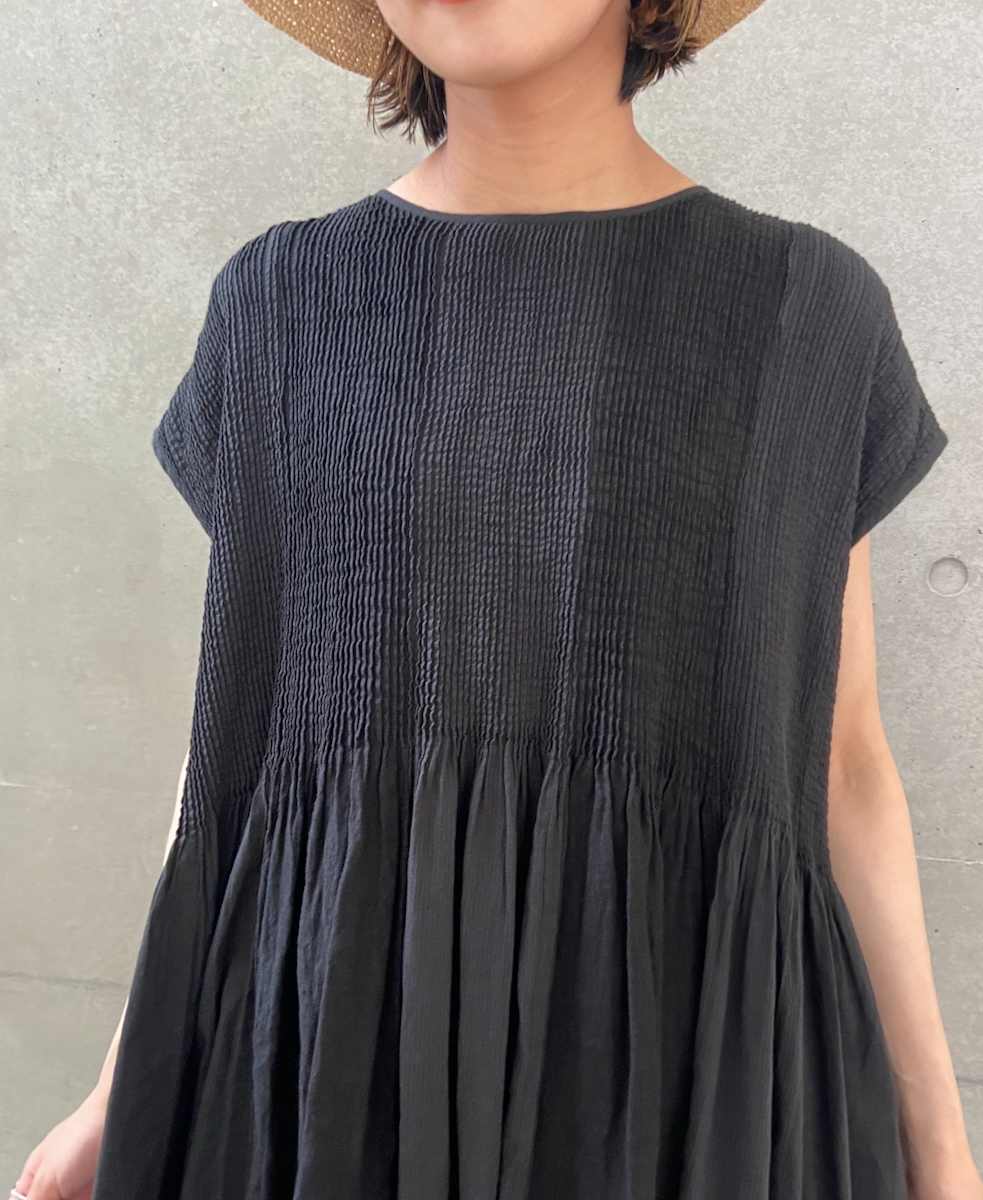 NMDS22232D (ワンピース) COTTON/LINEN PATCHWORK CREW-NECK FRENCH/SL DRESS WITH MINI PINTUCK