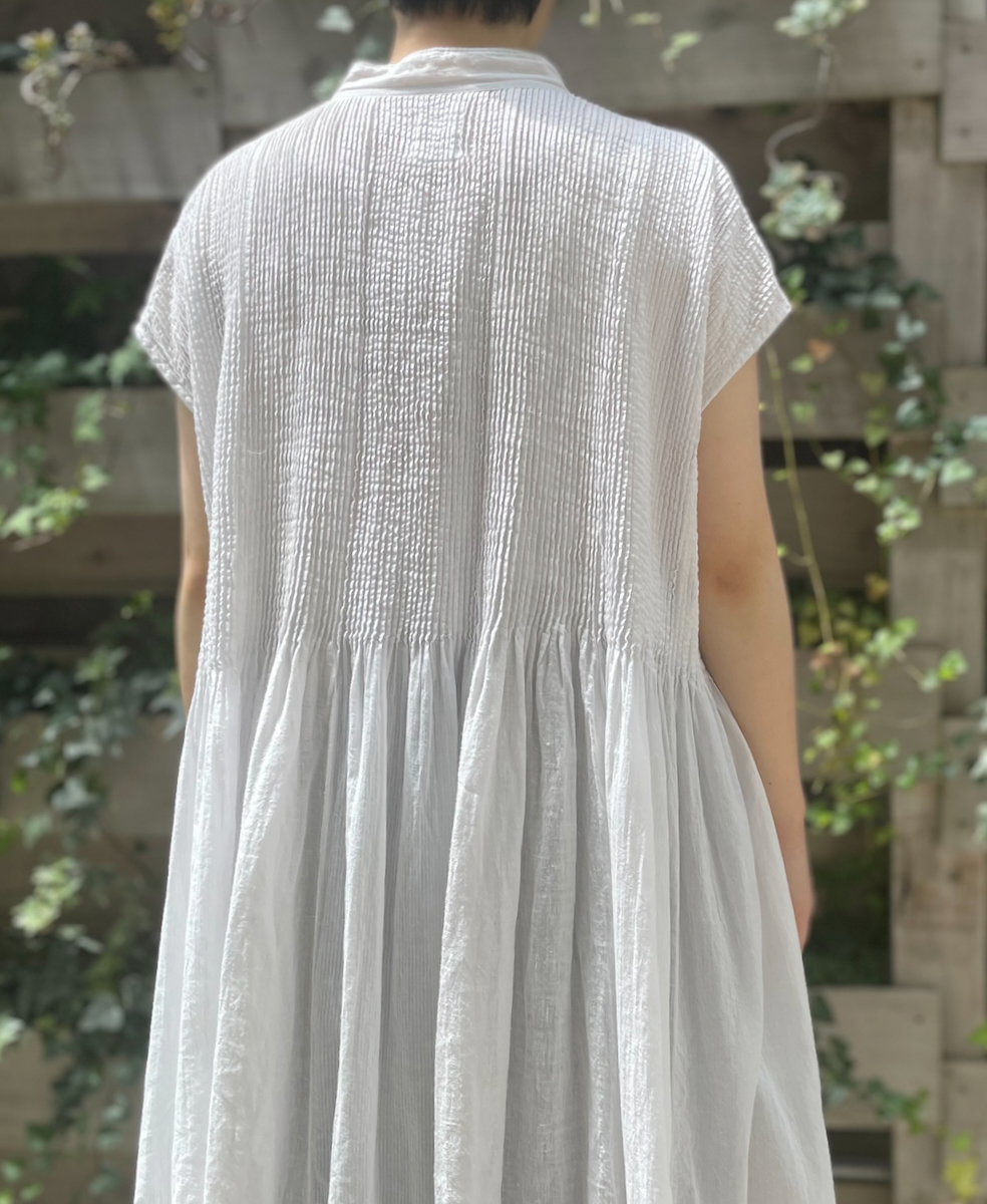 NMDS22233D (ワンピース) COTTON/LINEN PATCHWORK BANDED FRENCH/SL SHIRT DRESS WITH MINI PINTUCK