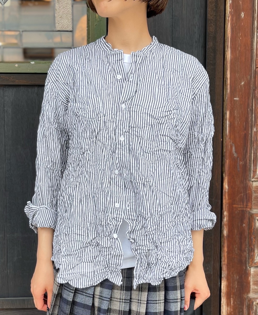 NVL1951BSW (シャツ) COTTON STRIPE BANDED COLLAR L/SL OVERSIZED SHIRT