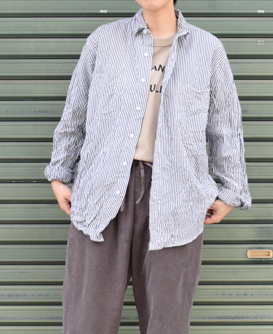 NVL1861BSW (シャツ) COTTON STRIPE REGULAR COLLAR L/SL OVERSIZED SHIRT