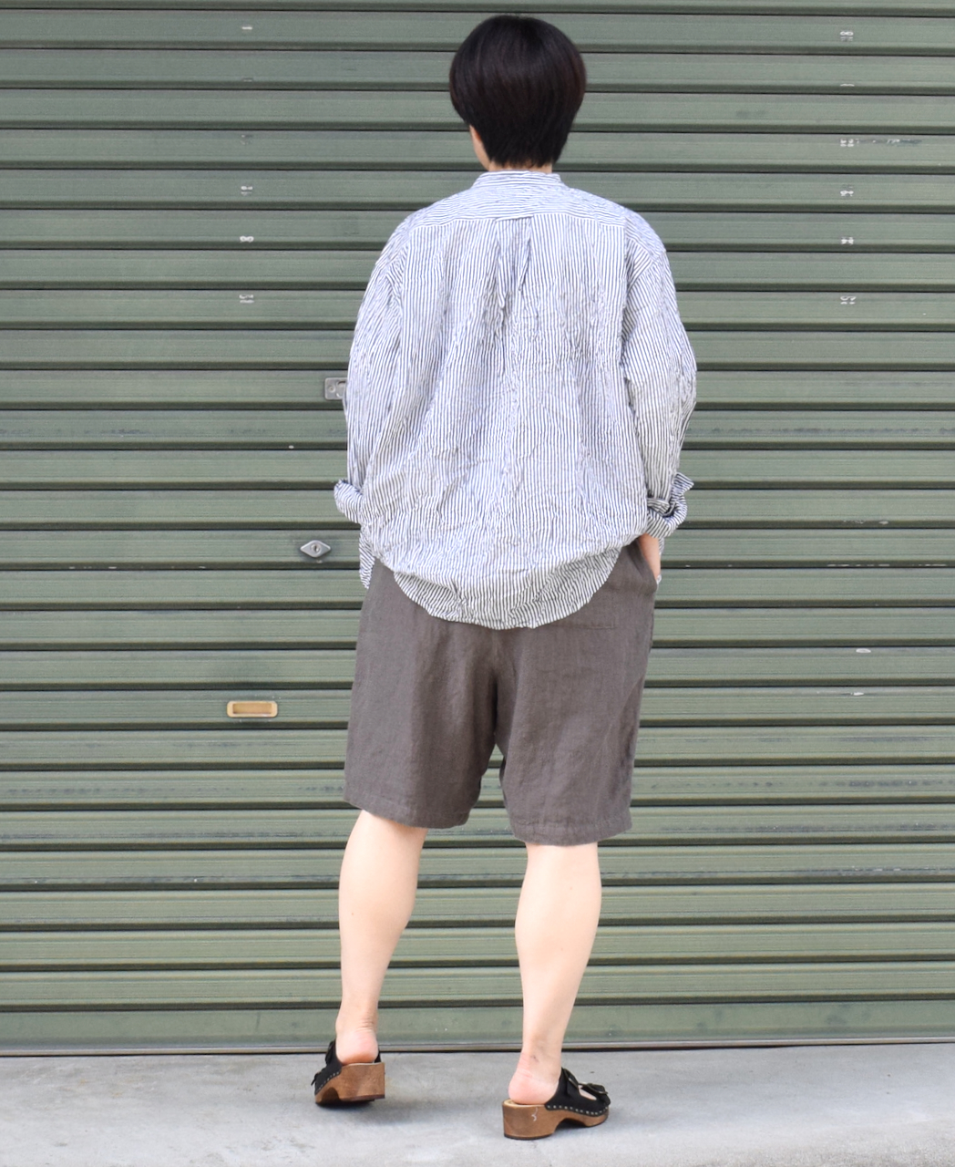 NVL1951BSW (シャツ) COTTON STRIPE BANDED COLLAR L/SL OVERSIZED SHIRT