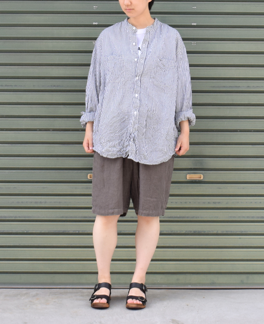 NVL1951BSW (シャツ) COTTON STRIPE BANDED COLLAR L/SL OVERSIZED SHIRT