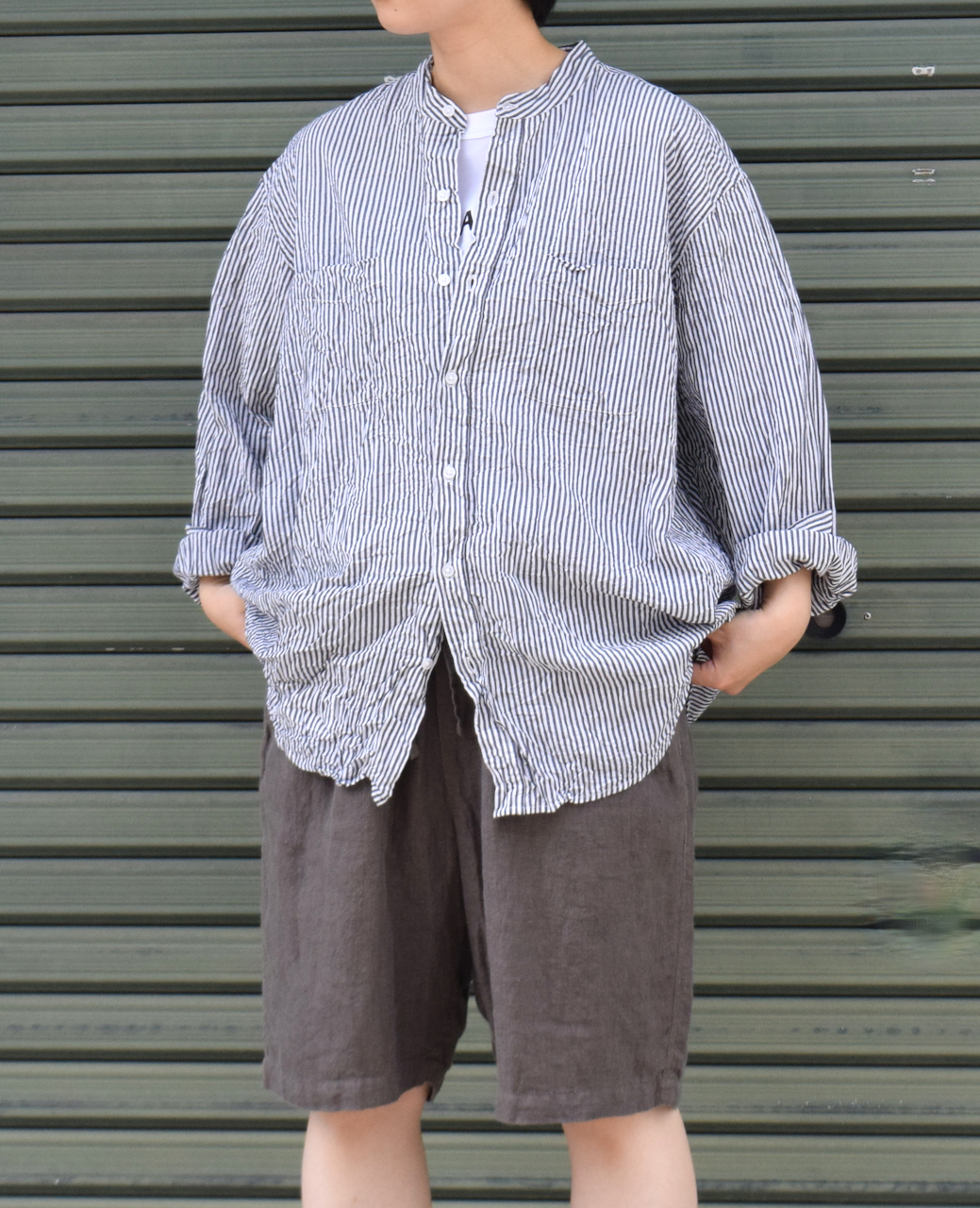 NVL1951BSW (シャツ) COTTON STRIPE BANDED COLLAR L/SL OVERSIZED SHIRT