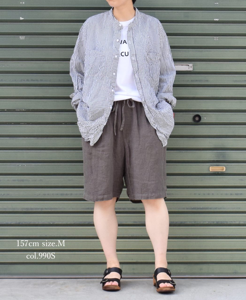 NVL1951BSW (シャツ) COTTON STRIPE BANDED COLLAR L/SL OVERSIZED SHIRT