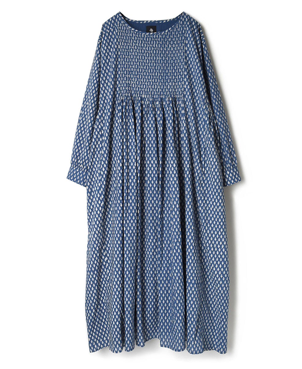 INMDS22724 (ワンピース) 80’S COTTON VOILE TREE BLOCK PRINT MINI PINTUCK CREW-NECK L/SL DRESS WITH LINING