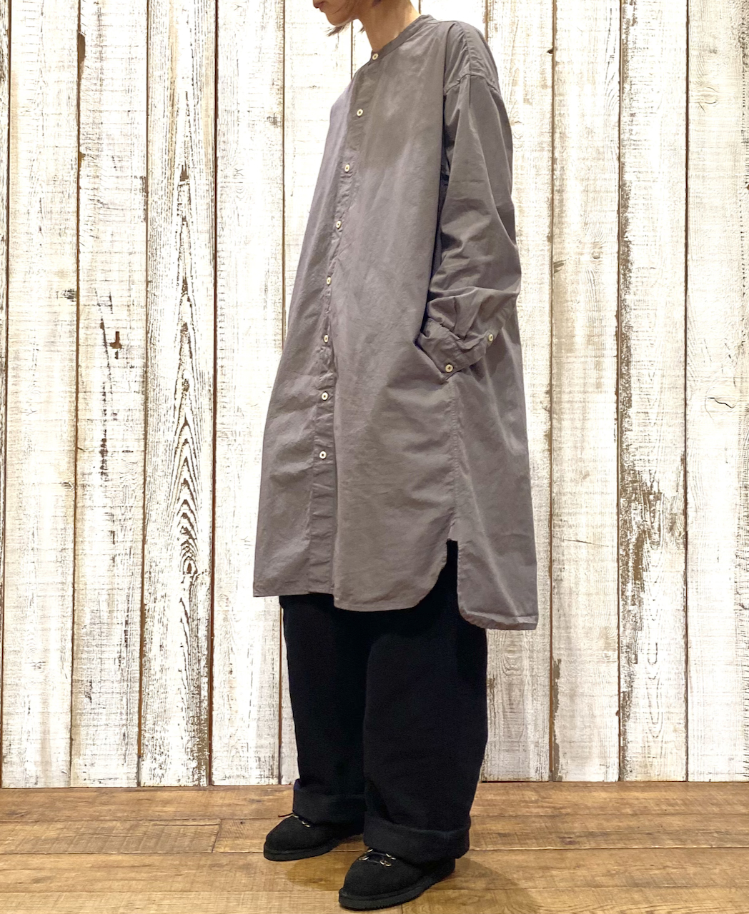 INAM1902PD (ロングシャツ) 40'S POPLIN  OVER DYED BANDED COLLAR LONG SHIRT