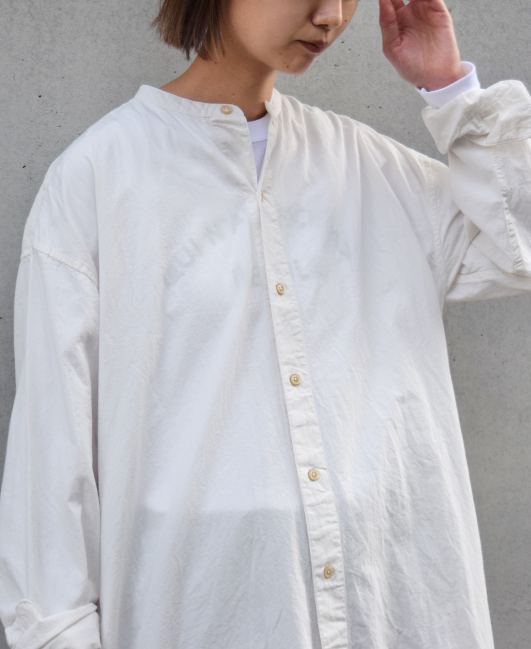 INAM1902PD (ロングシャツ) 40'S POPLIN  OVER DYED BANDED COLLAR LONG SHIRT