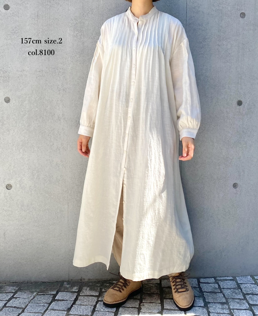 INSL22604 (ワンピース) WOOL/LINEN PLAIN BANDED COLLAR PINTUCK DRESS