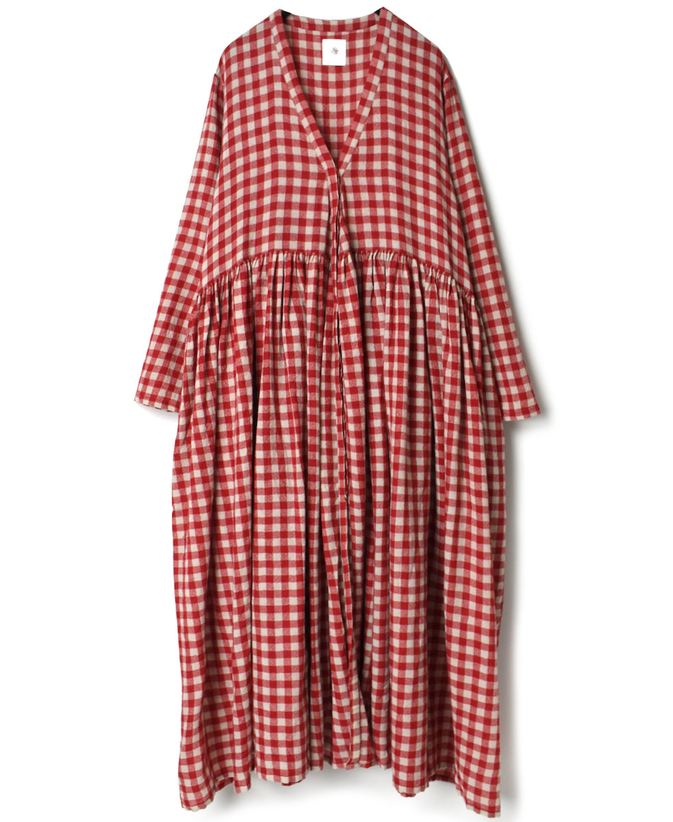 NMDS22585 (ワンピース) BOILED WOOL MEDIUM GINGHAM CHECK RAJASTHAN TUCK GATHERED WRAP DRESS