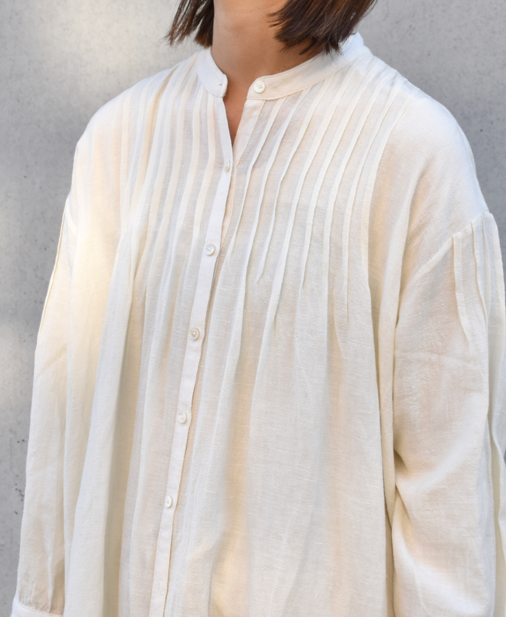 INSL22604 (ワンピース) WOOL/LINEN PLAIN BANDED COLLAR PINTUCK DRESS