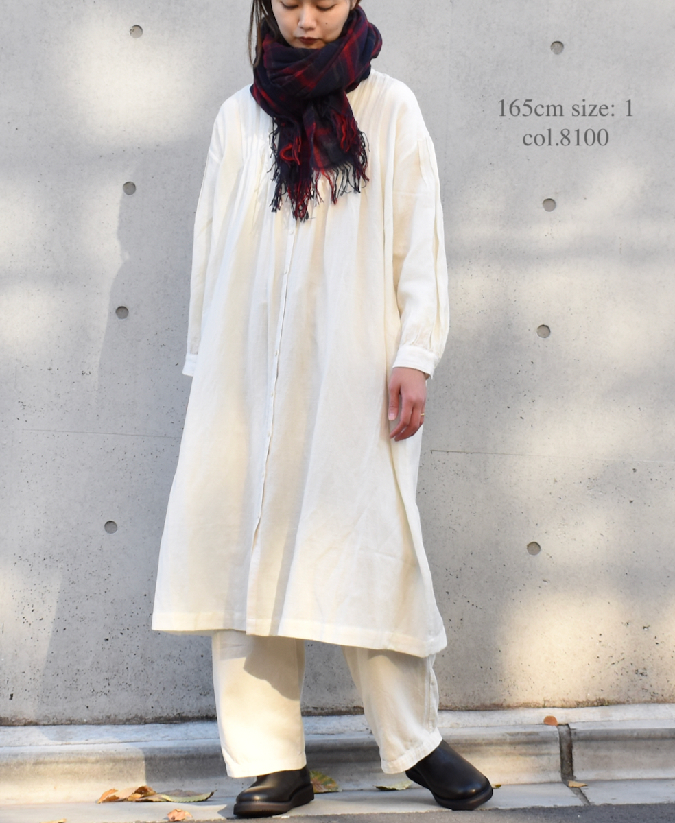 INSL22604 (ワンピース) WOOL/LINEN PLAIN BANDED COLLAR PINTUCK DRESS