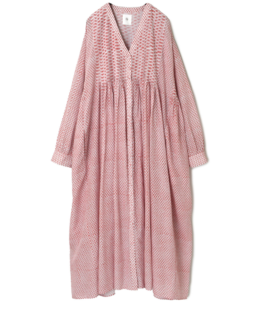INMDS23044 (ワンピース) 80’S VOILE SMALL FLOWER BLOCK PRINT V-NECK DRESS WITH MINI PINTUCK