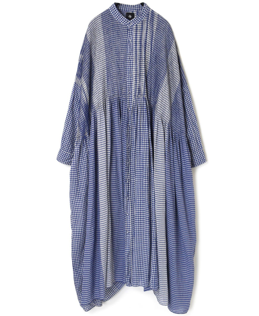 NMDS23322D (ワンピース) HAND WOVEN COTTON CHECK / STRIPE BANDED SHIRT DRESS WITH MINI PINTUCK