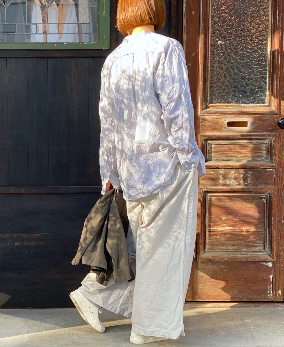 NVL1951MSW (シャツ) COTTON MINI STRIPE BANDED COLLAR L/SL OVERSIZED SHIRT