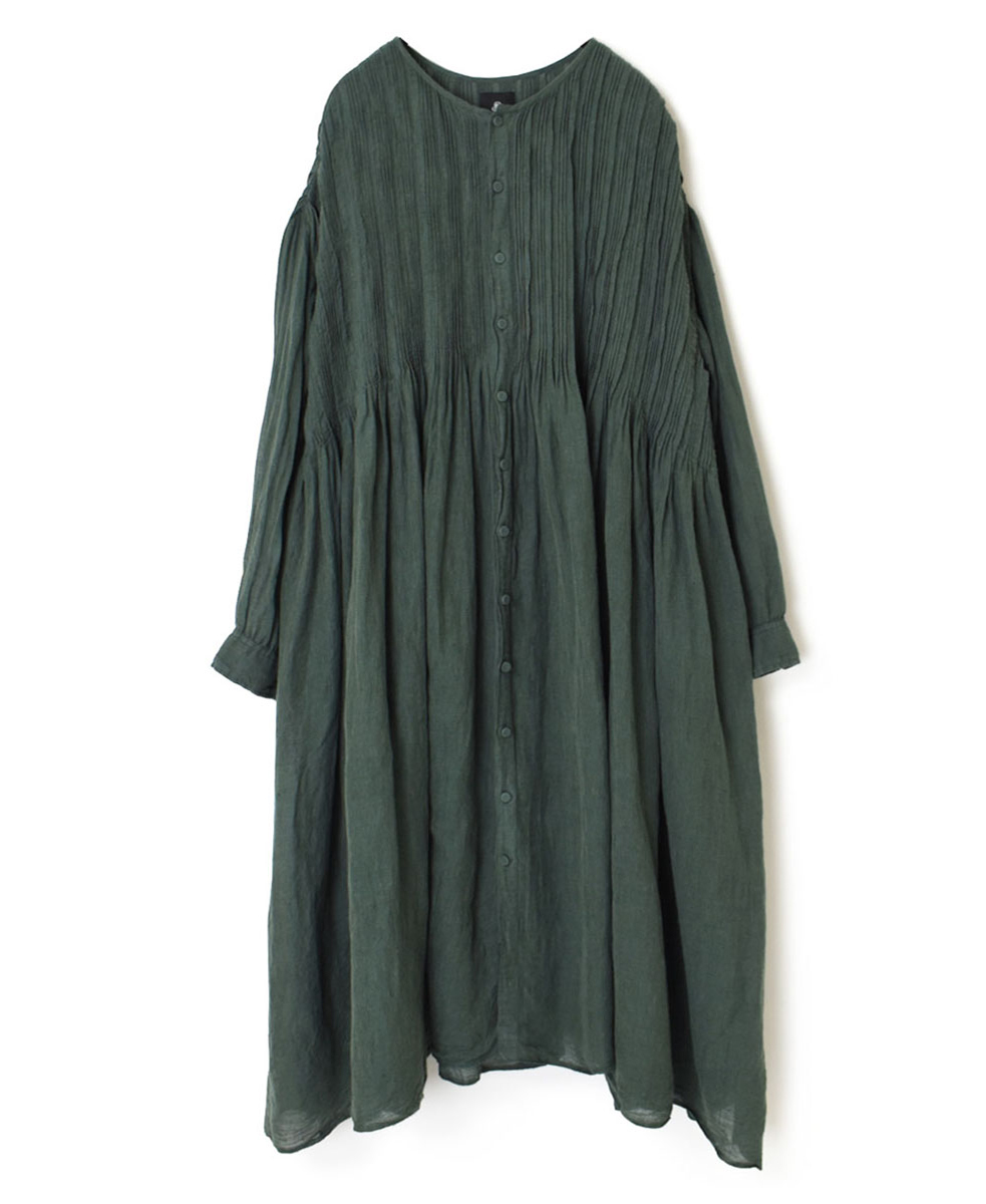 INMDS23012D (ワンピース) HANDWOVEN KHADI COTTON / LINEN PLAIN (OVERDYE) CREW-NECK DRESS WITH RANDOM PLEATS