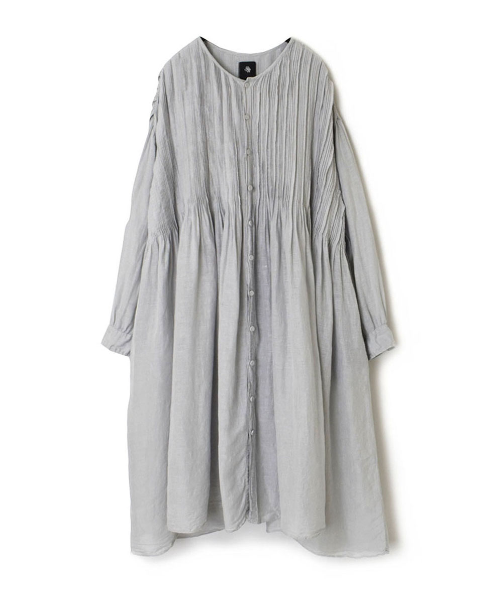 INMDS23012D (ワンピース) HANDWOVEN KHADI COTTON / LINEN PLAIN (OVERDYE) CREW-NECK DRESS WITH RANDOM PLEATS