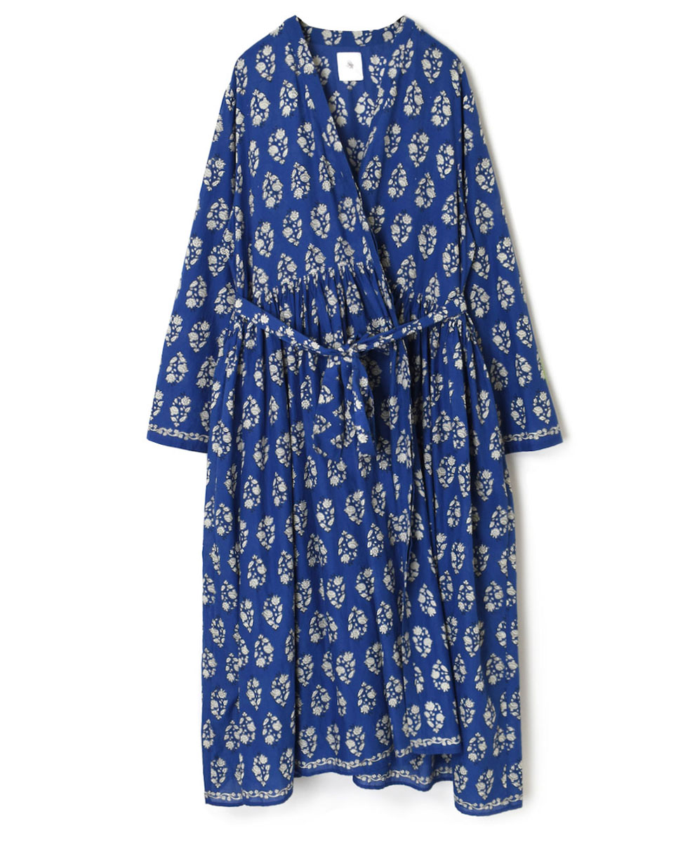 INMDS23054 (ワンピース) 80'S VOILE LARGE FLOWER BLOCK PRINT RAJASTHAN TUCK GATHERED WRAP DRESS