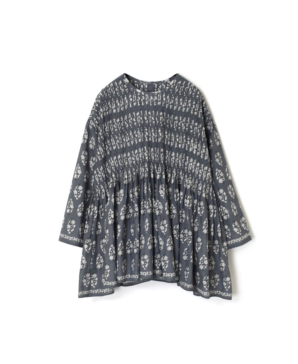 INMDS23051 (シャツ) 80’S VOILE LARGE FLOWER BLOCK PRINT CREW-NECK 3/4SL SHIRT WITH MINI PINTUCK