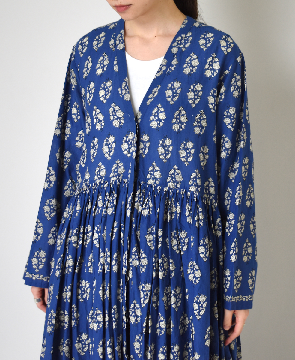 INMDS23054 (ワンピース) 80'S VOILE LARGE FLOWER BLOCK PRINT RAJASTHAN TUCK GATHERED WRAP DRESS