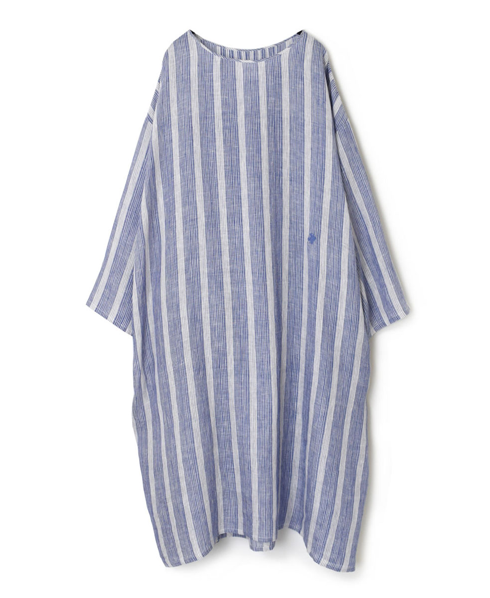 NMDS23114 (ワンピース) 80’S POWER LOOM LINEN RANDOM STRIPE CREW-NECL BACK PINTUCK DRESS