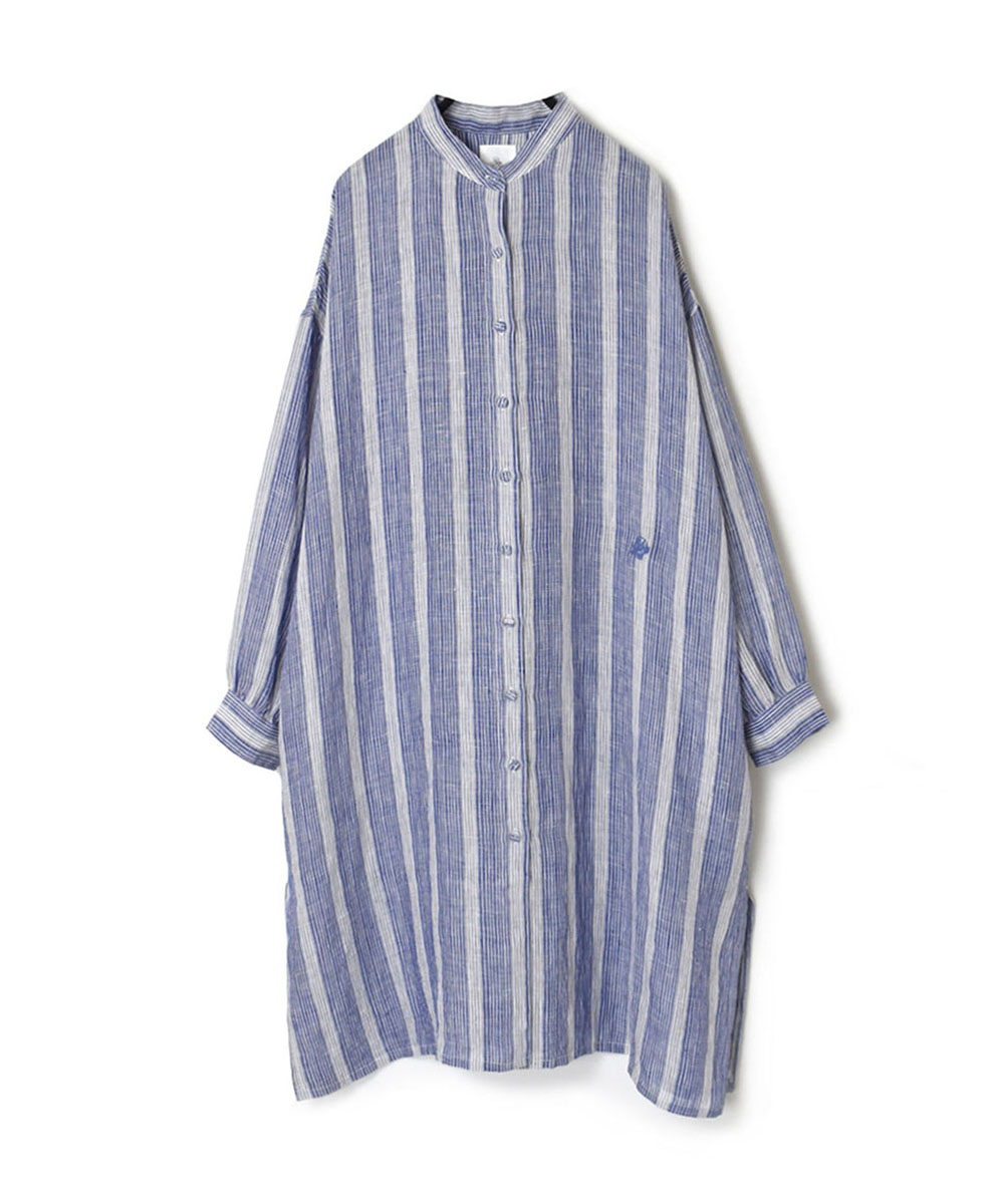 NMDS23113 (ロングシャツ) 80’S POWER LOOM LINEN RANDOM STRIPE BANDED COLLAR BACK PLEATS MAXI SHIRT