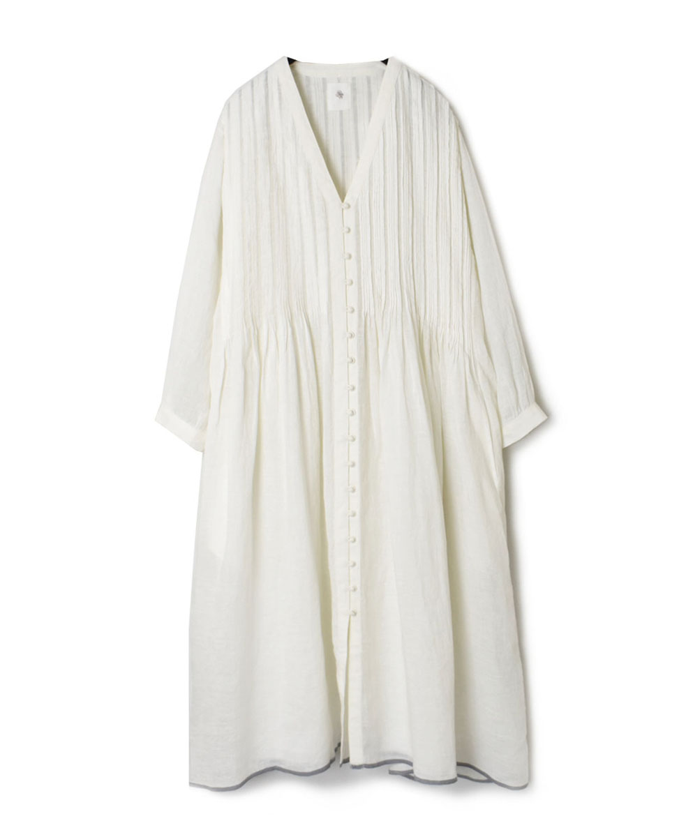 INMDS23003 (ワンピース) 80’S HANDWOVEN LINEN PLAIN WITH SELVAGE RANDOM PLEATS V-NECK FRONT OPENING DRESS
