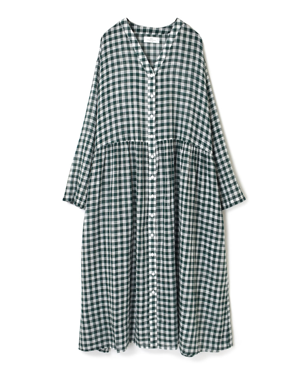 NSL23034 (ワンピース) FANCY GINGHAM CHECK V-NECK GATHERED DRESS