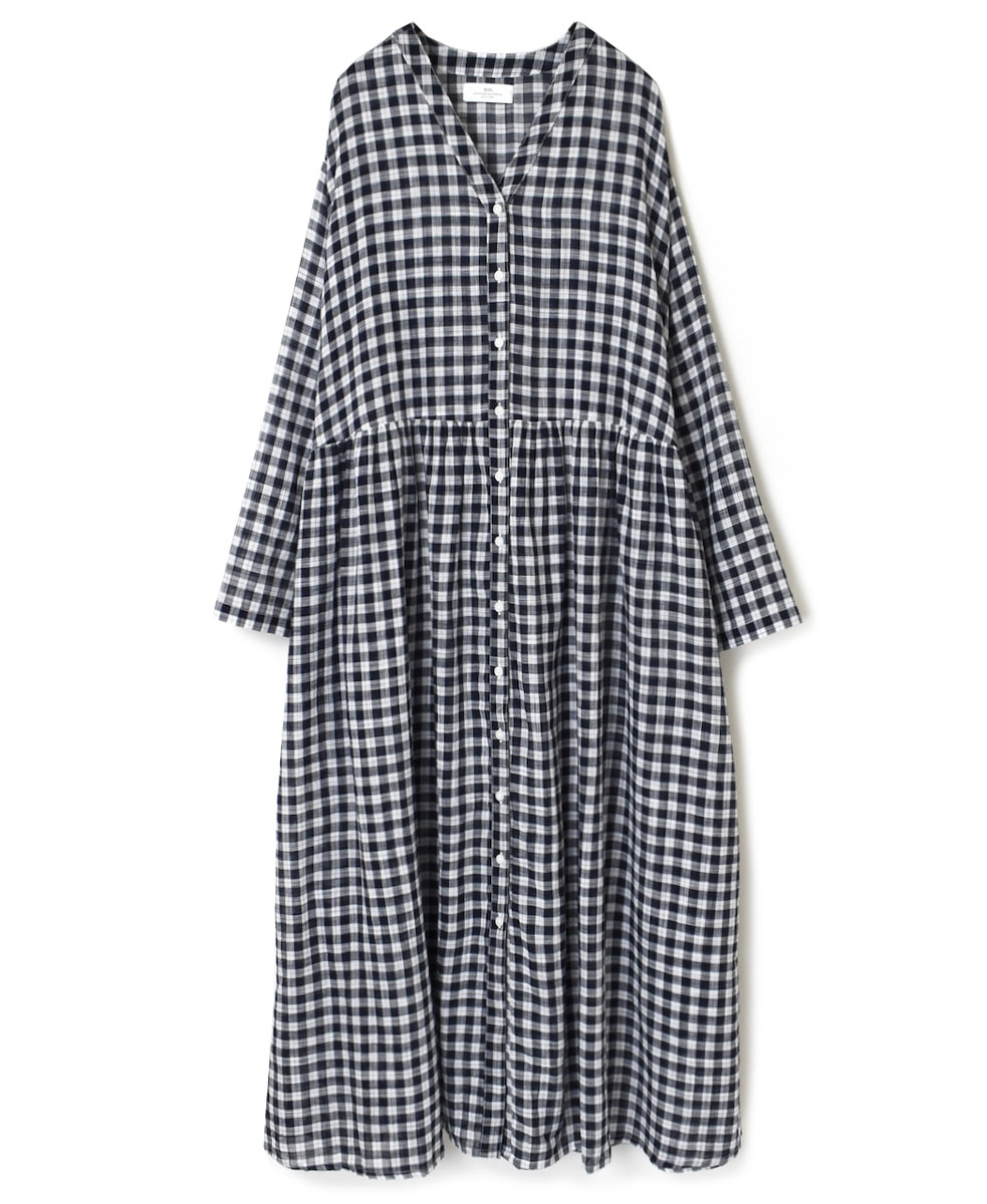 NSL23034 (ワンピース) FANCY GINGHAM CHECK V-NECK GATHERED DRESS