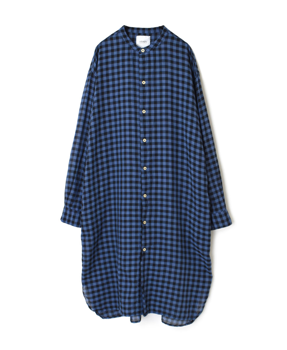 INAM1902CD (ロングシャツ) COTTON VOILE GINGHAM CHECK UTILITY BANDED COLLAR LONG SHIRT