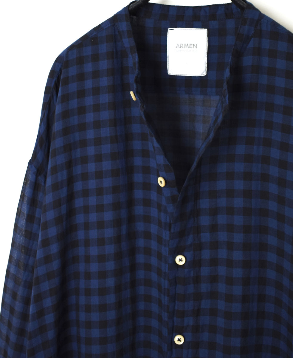 INAM1902CD (ロングシャツ) COTTON VOILE GINGHAM CHECK UTILITY BANDED COLLAR LONG SHIRT