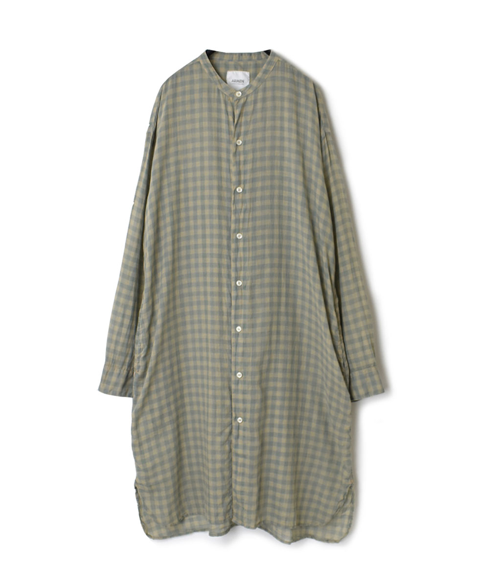 INAM1902CD (ロングシャツ) COTTON VOILE GINGHAM CHECK UTILITY BANDED COLLAR LONG SHIRT