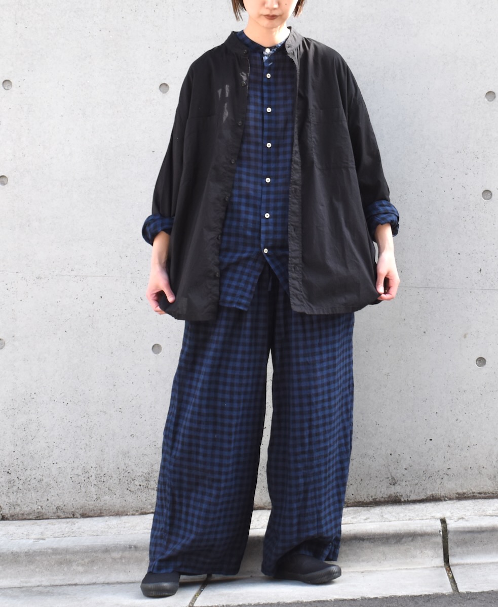 INAM1702CD (シャツ) COTTON VOILE GINGHAM CHECK UTILITY BANDED COLLAR SHIRT