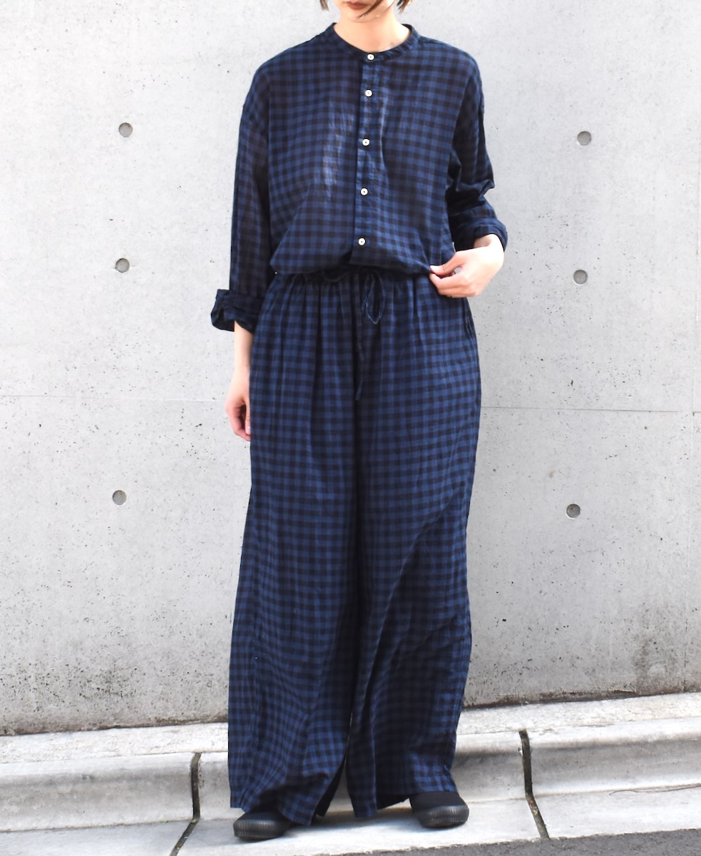 INAM1702CD (シャツ) COTTON VOILE GINGHAM CHECK UTILITY BANDED COLLAR SHIRT