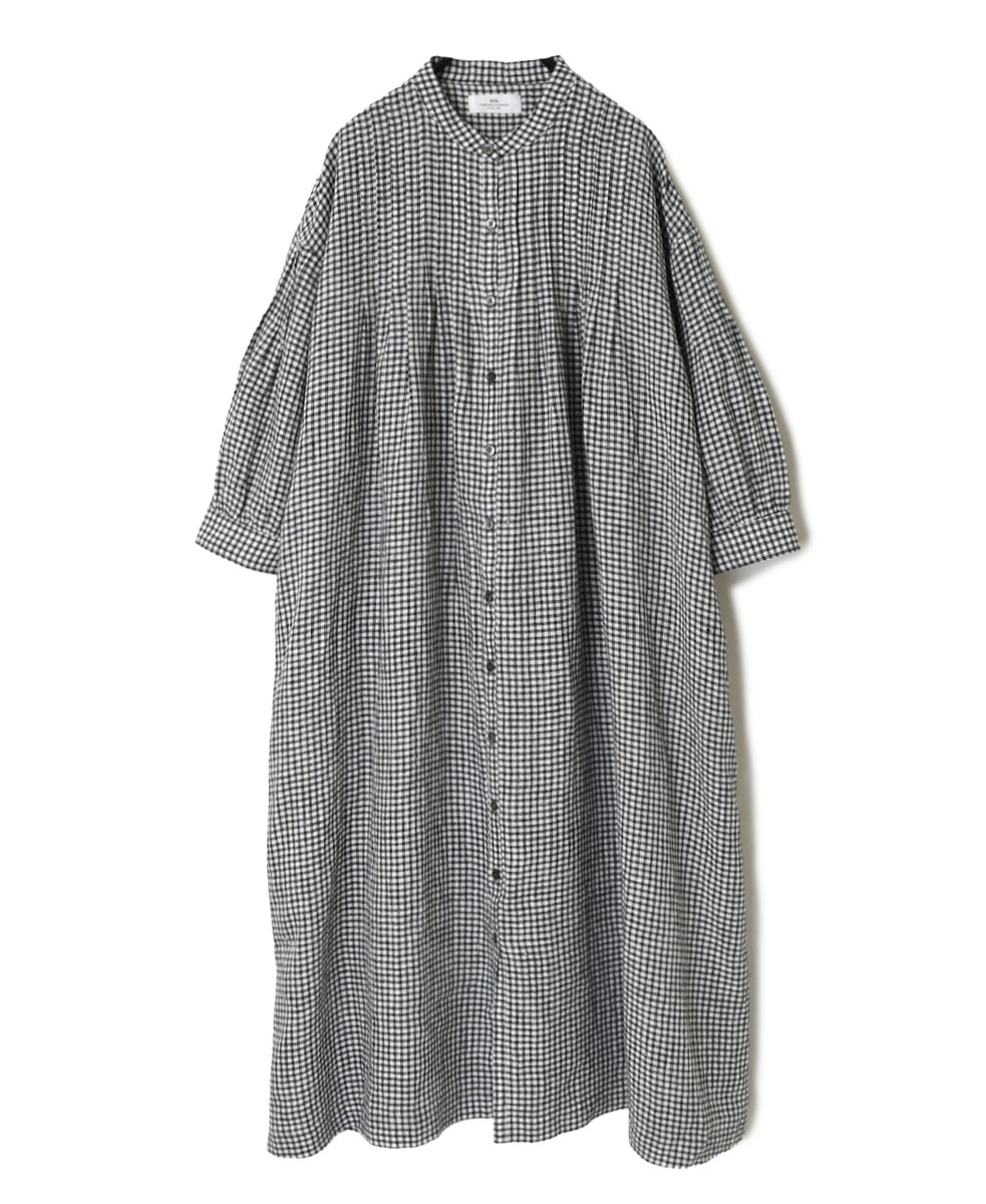 INSL23214 (ワンピース) 60’S POWER LOOM LINEN FANCY GINGHAM CHECK BANDED COLLAR 3/4SL PINTUCK DRESS