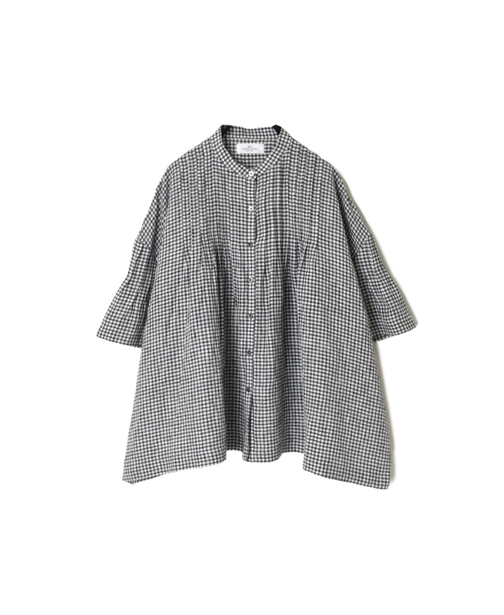 INSL23211 (シャツ) 60’S POWER LOOM LINEN FANCY GINGHAM CHECK BANDED COLLAR HALF/SL PINTUCK SHIRT