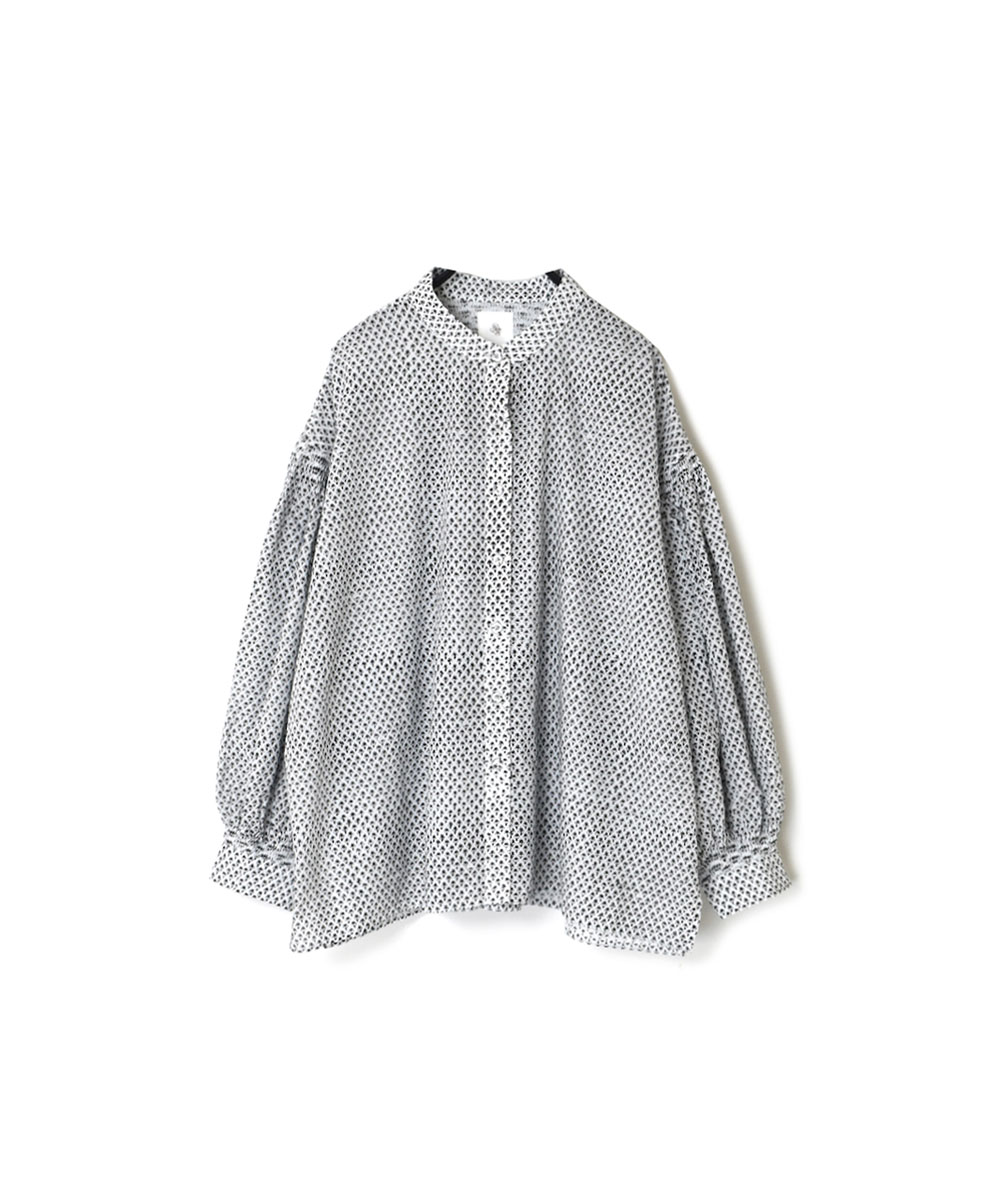 ◯INMDS23041 (シャツ) 80’S VOILE SMALL FLOWER BLOCK PRINT BANDED COLLAR SHIRT WITH MINI PINTUCK