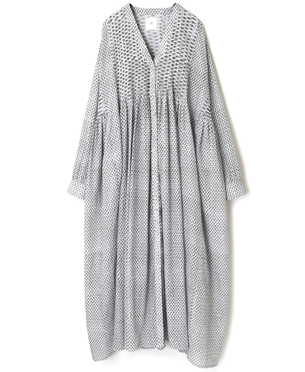 ◯INMDS23044 (ワンピース) 80’S VOILE SMALL FLOWER BLOCK PRINT V-NECK DRESS WITH MINI PINTUCK