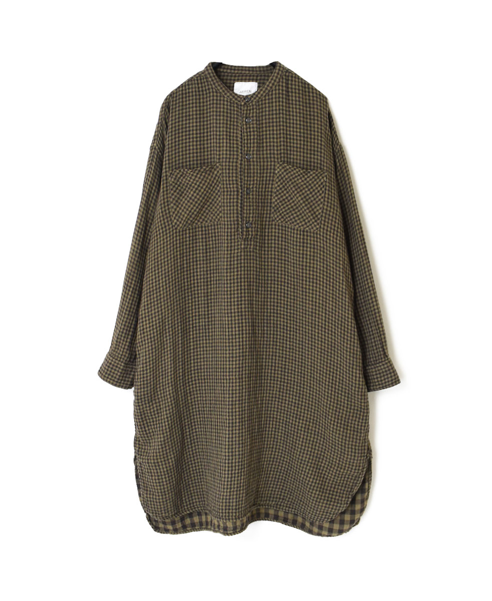 INAM2351DGD (ロングシャツ) DOUBLE GAUZE OVER DYED SMALL CHECK MEDIUM CHECK UTILITY BANDED COLLAR PULLOVER LONG SHIRT